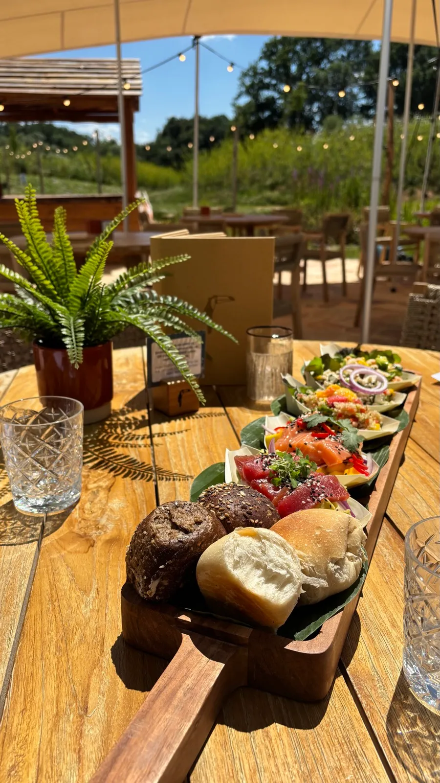 A colourful sharing platter served on the garden terrace